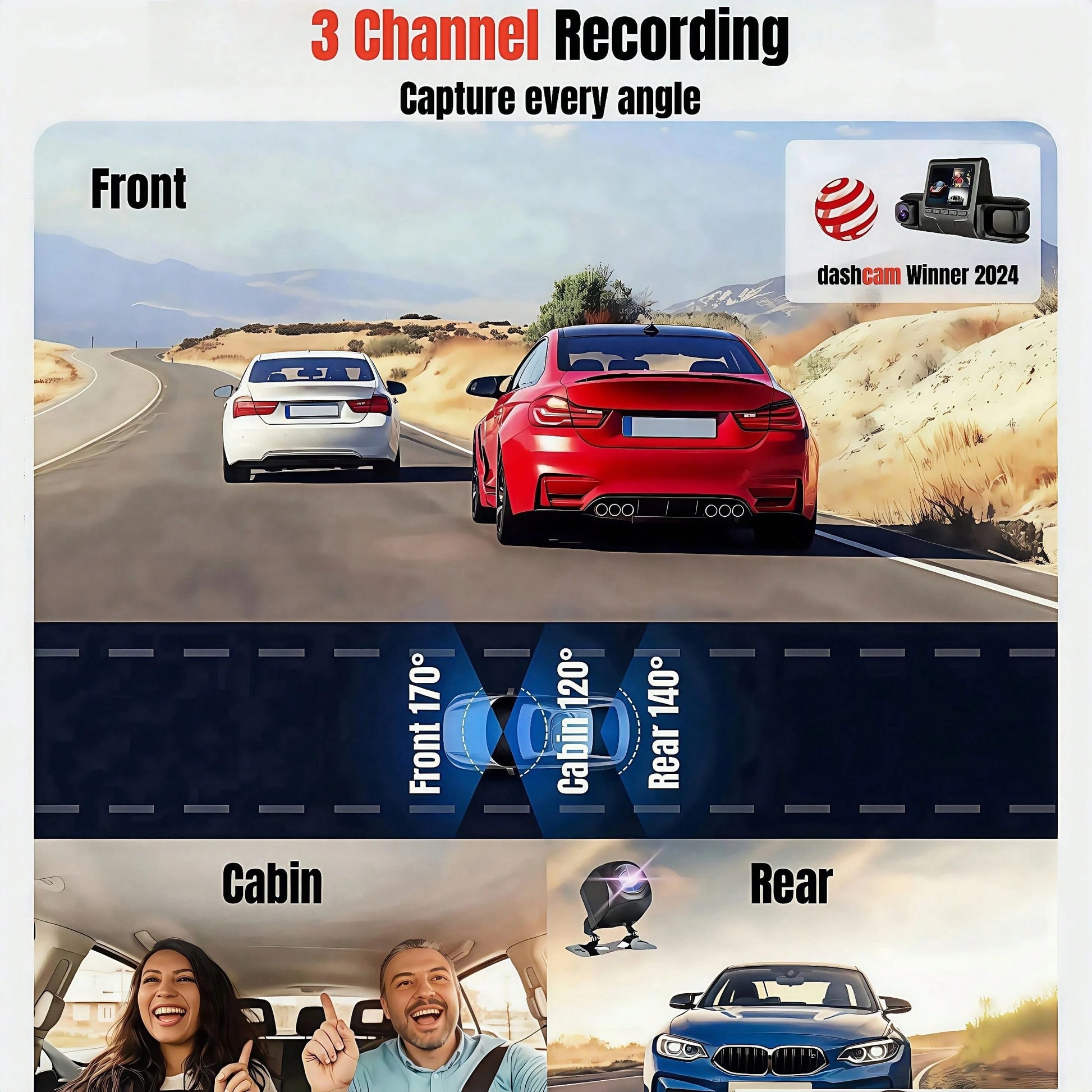 1080P 3 Camera, Dash Cam For Cars, Front Inside And Rear Camera, Car Camera With IR Night Vision, Loop Recording, Wide Angle Car DVR Camera With 2 Inch IPS Screen 32GB Memory Card