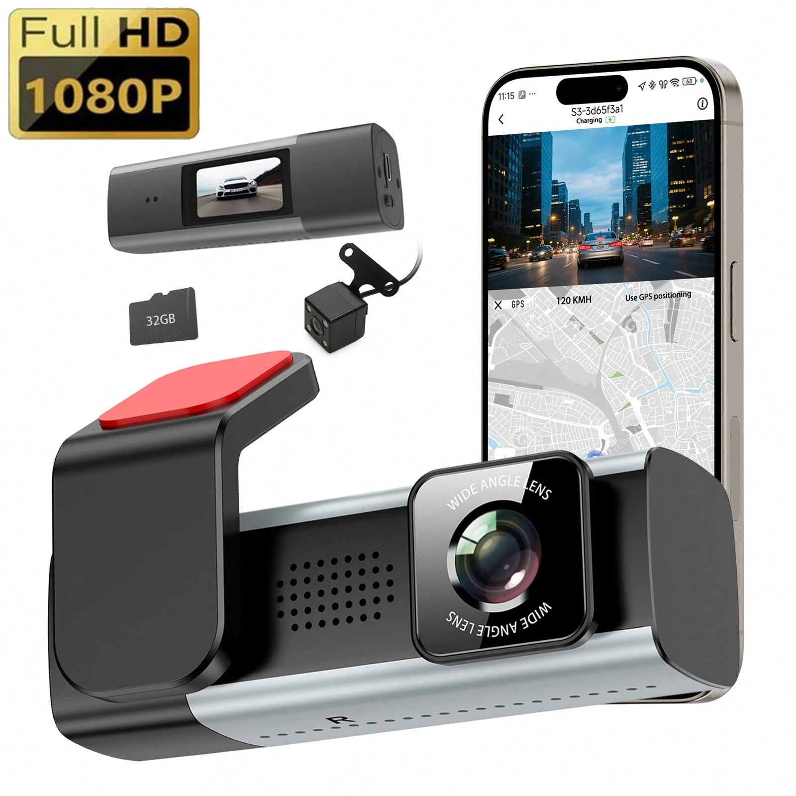 1080P 3-Channel Dash Cam- Front/Rear/Interior Recording, HDR, G-Sensor With Infrared Night Vision, Loop Recording, 24Hr Parking,Dashcam With Free 32GB SD Card