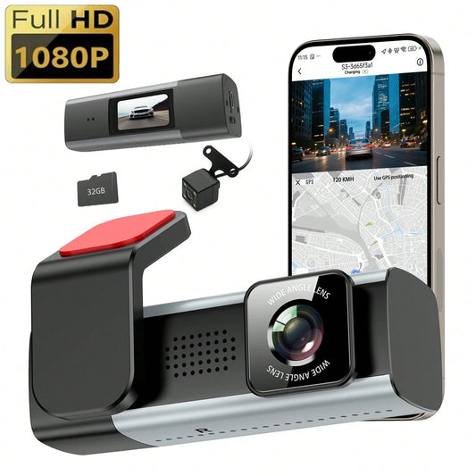 1080P 3-Channel Dash Cam- Front/Rear/Interior Recording, HDR, G-Sensor With Infrared Night Vision, Loop Recording, 24Hr Parking,Dashcam With Free 32GB SD Card