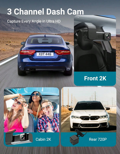 1080P 3-Channel Dash Cam- Front/Rear/Interior Recording, HDR, G-Sensor With Infrared Night Vision, Loop Recording, 24Hr Parking,Dashcam With Free 32GB SD Card