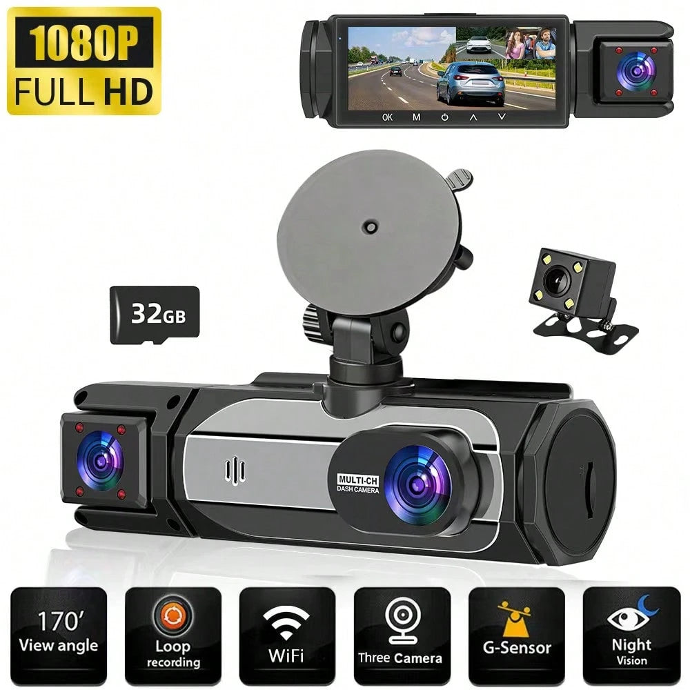 1080P Dash Cam With 3 Cameras Front And Built-In And Rear Infrared Night Vision 170° Wide-Angle Lens Built-In Audio 32GB Memory Card Wifi Connection To Smartphone Loop Recording G-Sensor 24H Parking M