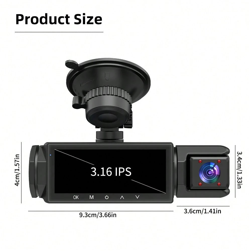 1080P Dash Cam With 3 Cameras Front And Built-In And Rear Infrared Night Vision 170° Wide-Angle Lens Built-In Audio 32GB Memory Card Wifi Connection To Smartphone Loop Recording G-Sensor 24H Parking M