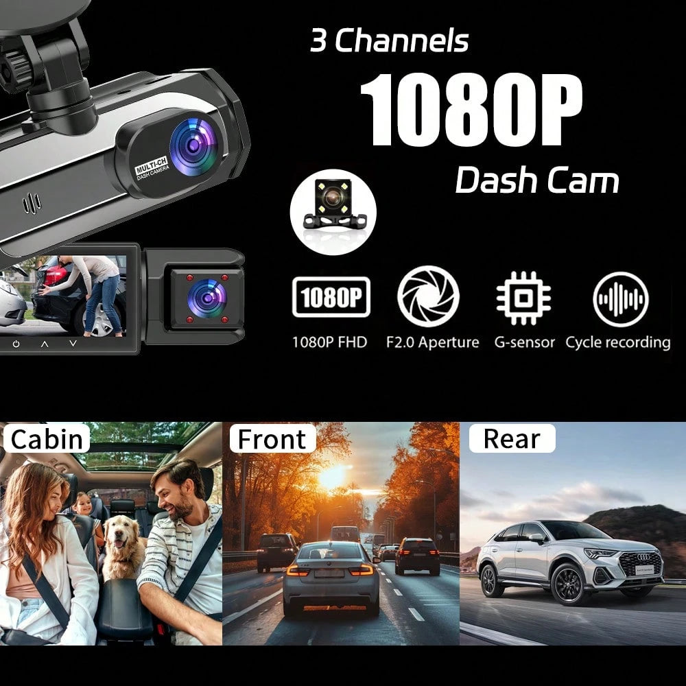 1080P Dash Cam With 3 Cameras Front And Built-In And Rear Infrared Night Vision 170° Wide-Angle Lens Built-In Audio 32GB Memory Card Wifi Connection To Smartphone Loop Recording G-Sensor 24H Parking M