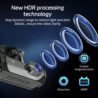1080P Dash Cam With 3 Cameras Front And Built-In And Rear Infrared Night Vision 170° Wide-Angle Lens Built-In Audio 32GB Memory Card Wifi Connection To Smartphone Loop Recording G-Sensor 24H Parking M