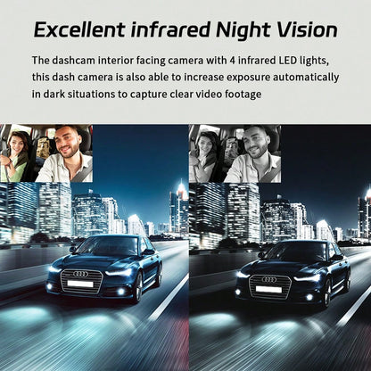 1080P Dash Cam With 3 Cameras Front And Built-In And Rear Infrared Night Vision 170° Wide-Angle Lens Built-In Audio 32GB Memory Card Wifi Connection To Smartphone Loop Recording G-Sensor 24H Parking M