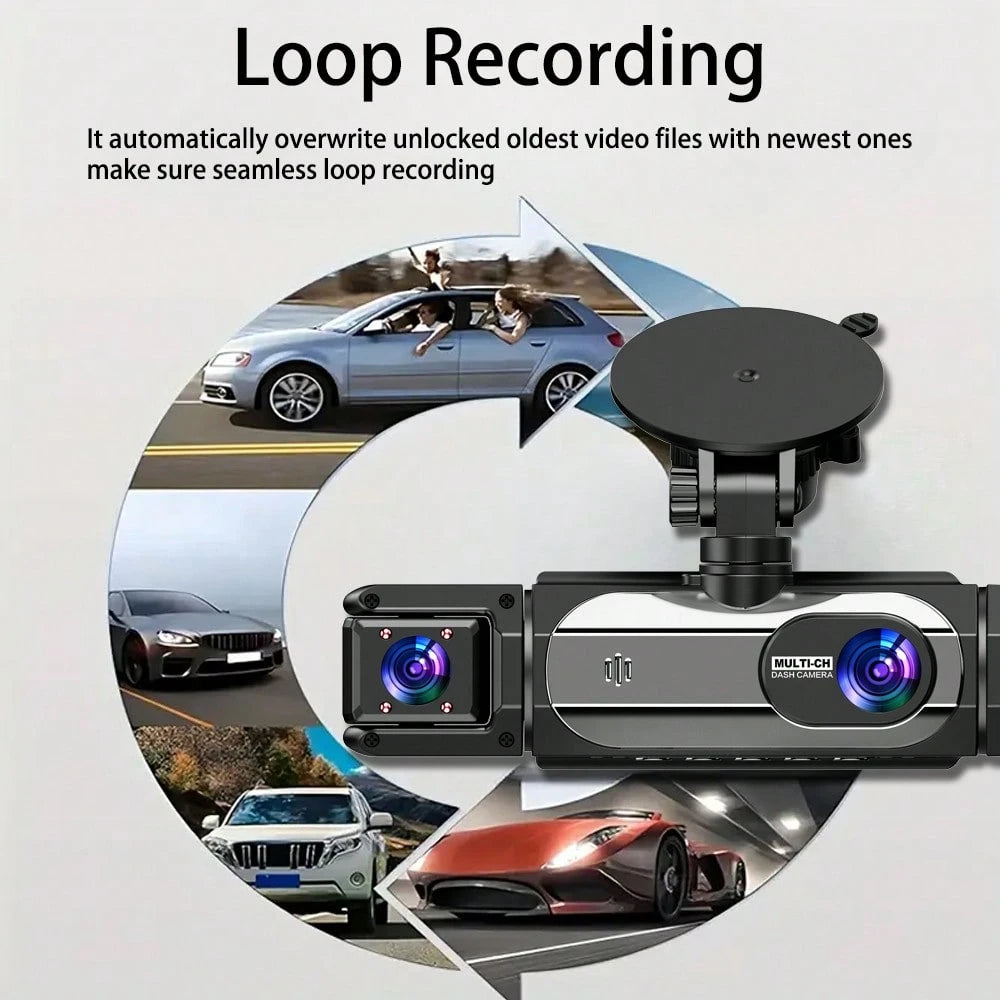 1080P Dash Cam With 3 Cameras Front And Built-In And Rear Infrared Night Vision 170° Wide-Angle Lens Built-In Audio 32GB Memory Card Wifi Connection To Smartphone Loop Recording G-Sensor 24H Parking M