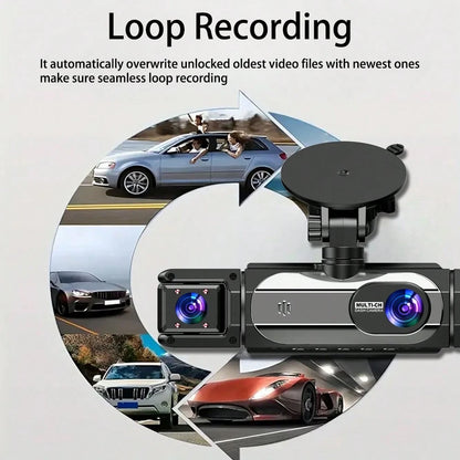 1080P Dash Cam With 3 Cameras Front And Built-In And Rear Infrared Night Vision 170° Wide-Angle Lens Built-In Audio 32GB Memory Card Wifi Connection To Smartphone Loop Recording G-Sensor 24H Parking M