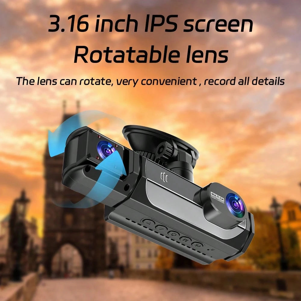 1080P Dash Cam With 3 Cameras Front And Built-In And Rear Infrared Night Vision 170° Wide-Angle Lens Built-In Audio 32GB Memory Card Wifi Connection To Smartphone Loop Recording G-Sensor 24H Parking M