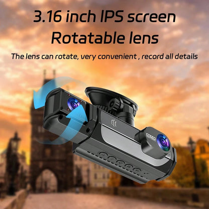 1080P Dash Cam With 3 Cameras Front And Built-In And Rear Infrared Night Vision 170° Wide-Angle Lens Built-In Audio 32GB Memory Card Wifi Connection To Smartphone Loop Recording G-Sensor 24H Parking M