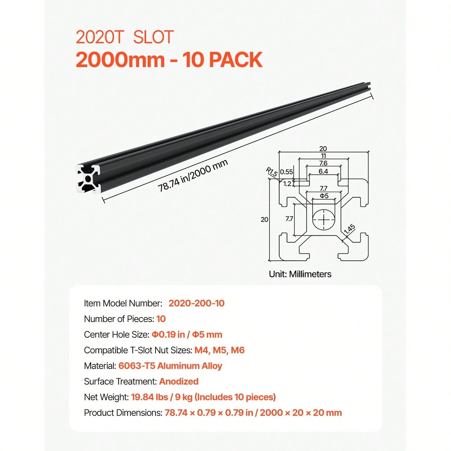 10PCS 78.7in (2000mm) T Slot 2020 Aluminum Extrusion Profile, European Standard Anodized Linear Rail, High-Strength Extruded Aluminum Rail For 3D Printer, CNC Machine DIY, Laser Engraving, Black