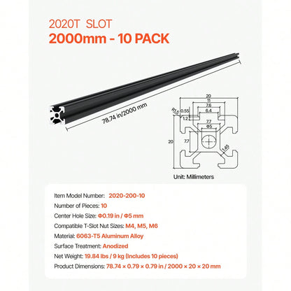 10PCS 78.7in (2000mm) T Slot 2020 Aluminum Extrusion Profile, European Standard Anodized Linear Rail, High-Strength Extruded Aluminum Rail For 3D Printer, CNC Machine DIY, Laser Engraving, Black