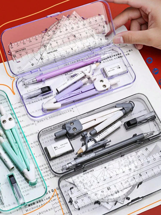 10pcs Compass And Ruler Set, Student Learning Supplies, Exam Drawing Stationery, Multifunctional Ruler And Compass With Pen Holder, Triangle Ruler, Straight Ruler, Protractor, Pen Clip For Drawing, Ba