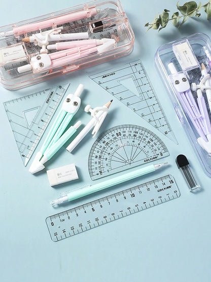 10pcs Compass And Ruler Set, Student Learning Supplies, Exam Drawing Stationery, Multifunctional Ruler And Compass With Pen Holder, Triangle Ruler, Straight Ruler, Protractor, Pen Clip For Drawing, Ba