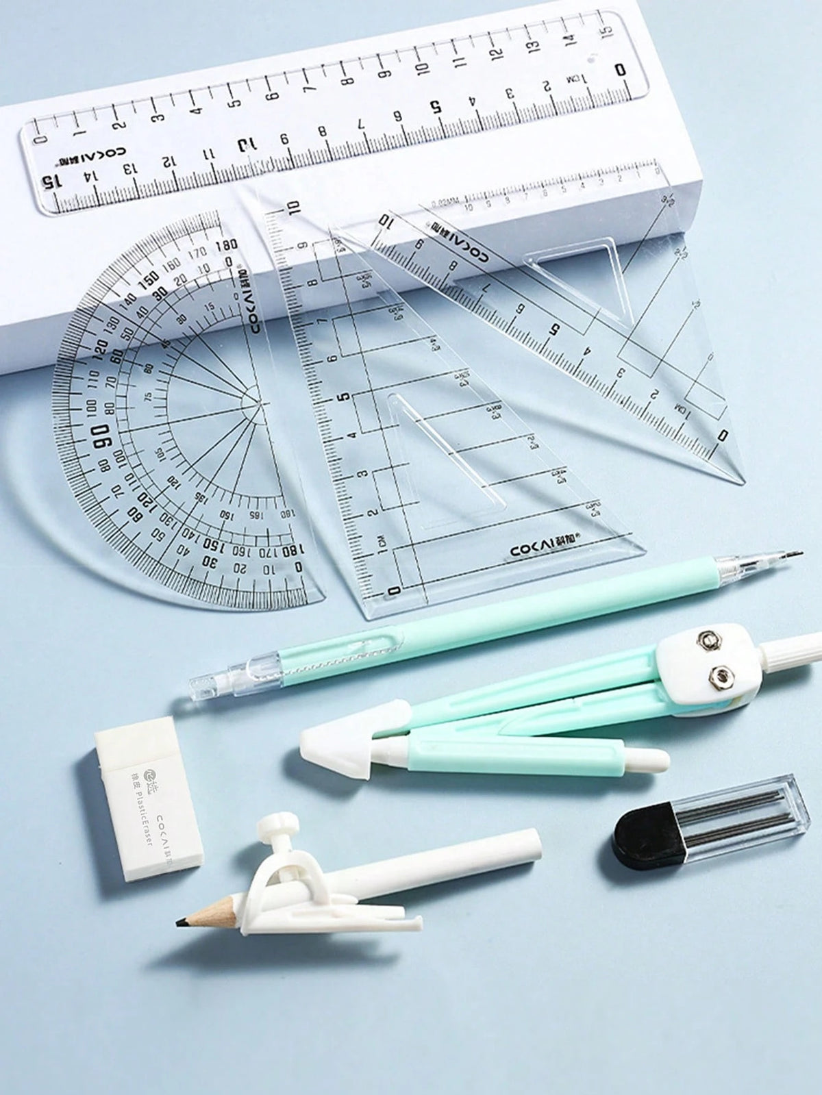 10pcs Compass And Ruler Set, Student Learning Supplies, Exam Drawing Stationery, Multifunctional Ruler And Compass With Pen Holder, Triangle Ruler, Straight Ruler, Protractor, Pen Clip For Drawing, Ba