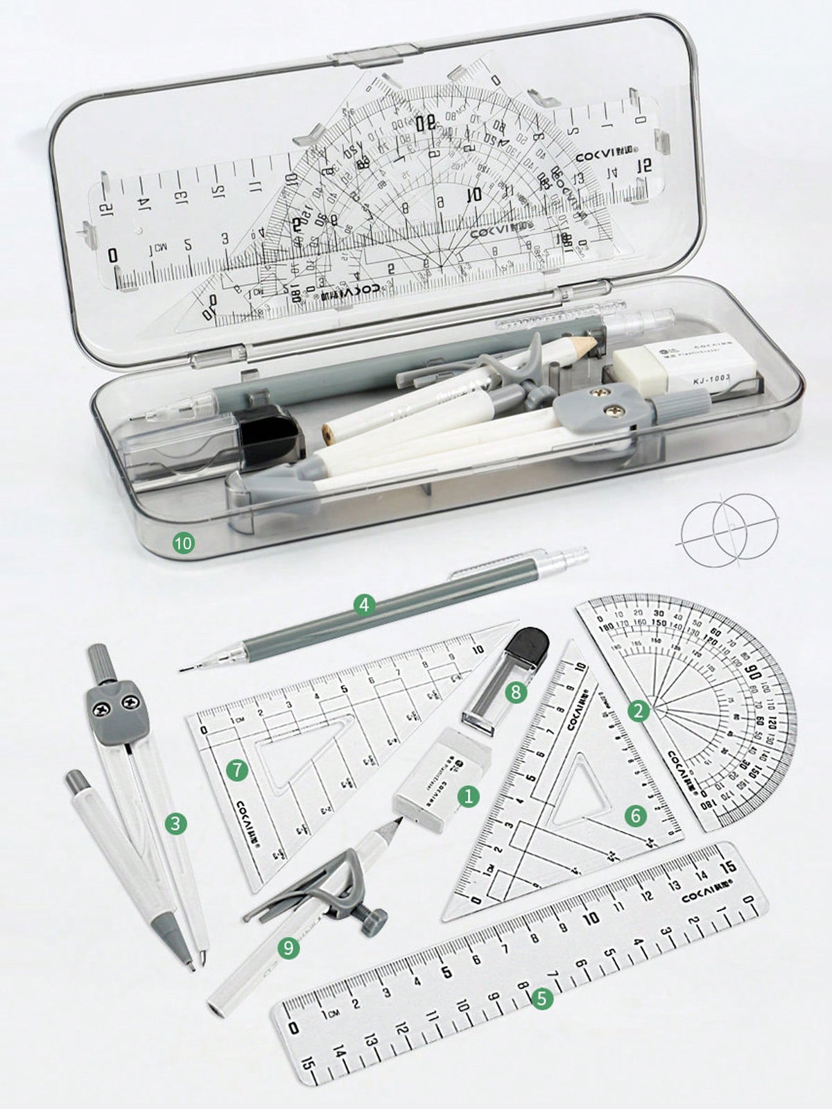 10pcs Compass And Ruler Set, Student Learning Supplies, Exam Drawing Stationery, Multifunctional Ruler And Compass With Pen Holder, Triangle Ruler, Straight Ruler, Protractor, Pen Clip For Drawing, Ba