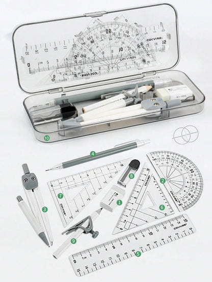10pcs Compass And Ruler Set, Student Learning Supplies, Exam Drawing Stationery, Multifunctional Ruler And Compass With Pen Holder, Triangle Ruler, Straight Ruler, Protractor, Pen Clip For Drawing, Ba