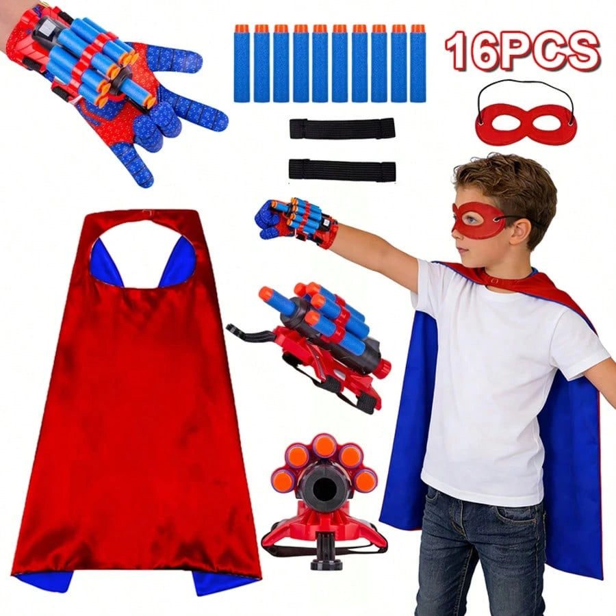 10pcs Foam Dart Blaster Set, Children's Superhero Roleplay Costume, Includes 10 Foam Darts, 2 Adjustable Straps, Blaster, Gloves, Mask And Reversible Cape, Ideal Superhero Costume For Boys, Great For