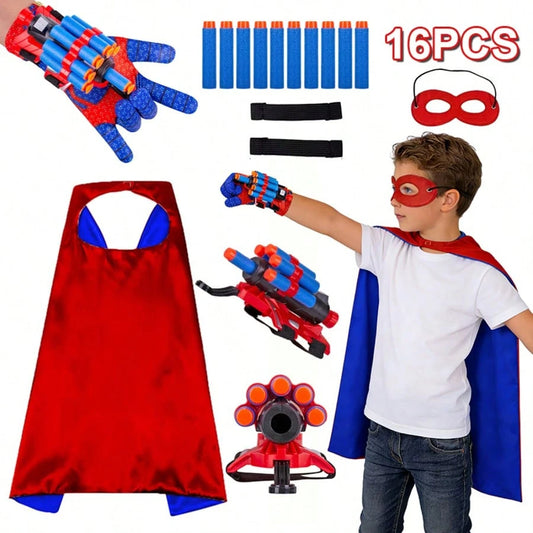 10pcs Foam Dart Blaster Set, Children's Superhero Roleplay Costume, Includes 10 Foam Darts, 2 Adjustable Straps, Blaster, Gloves, Mask And Reversible Cape, Ideal Superhero Costume For Boys, Great For