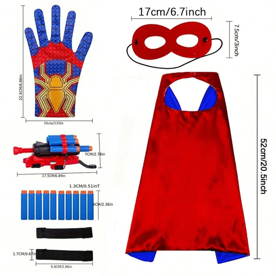 10pcs Foam Dart Blaster Set, Children's Superhero Roleplay Costume, Includes 10 Foam Darts, 2 Adjustable Straps, Blaster, Gloves, Mask And Reversible Cape, Ideal Superhero Costume For Boys, Great For