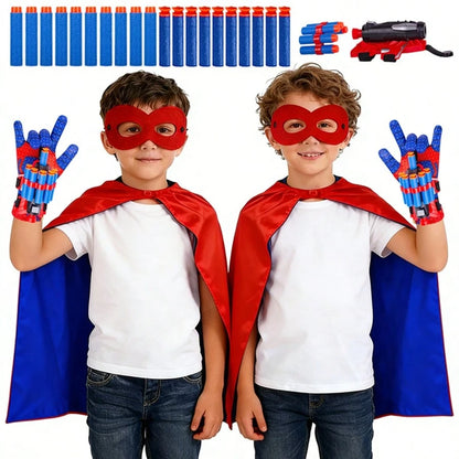 10pcs Foam Dart Blaster Set, Children's Superhero Roleplay Costume, Includes 10 Foam Darts, 2 Adjustable Straps, Blaster, Gloves, Mask And Reversible Cape, Ideal Superhero Costume For Boys, Great For
