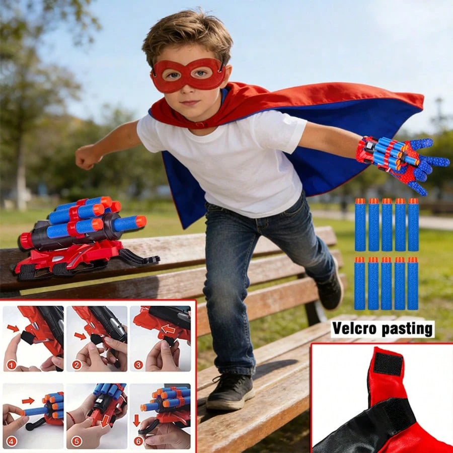 10pcs Foam Dart Blaster Set, Children's Superhero Roleplay Costume, Includes 10 Foam Darts, 2 Adjustable Straps, Blaster, Gloves, Mask And Reversible Cape, Ideal Superhero Costume For Boys, Great For