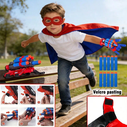 10pcs Foam Dart Blaster Set, Children's Superhero Roleplay Costume, Includes 10 Foam Darts, 2 Adjustable Straps, Blaster, Gloves, Mask And Reversible Cape, Ideal Superhero Costume For Boys, Great For