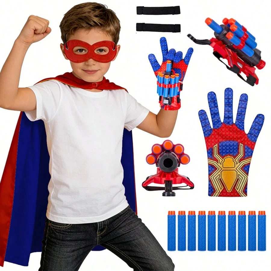 10pcs Foam Dart Blaster Set, Children's Superhero Roleplay Costume, Includes 10 Foam Darts, 2 Adjustable Straps, Blaster, Gloves, Mask And Reversible Cape, Ideal Superhero Costume For Boys, Great For