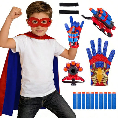 10pcs Foam Dart Blaster Set, Children's Superhero Roleplay Costume, Includes 10 Foam Darts, 2 Adjustable Straps, Blaster, Gloves, Mask And Reversible Cape, Ideal Superhero Costume For Boys, Great For