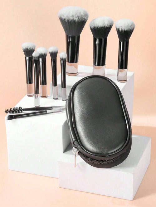 10pcs Mini Black Makeup Brushes Set, Crystal Handle Short Handle Portable Travel Makeup Brushes Inc. Powder, Contour, Blush, Highlighter, Eyeshadow, Eyebrow, Lip Brushes With Zipper Storage Pouch,Brus
