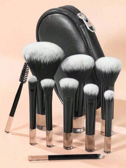 10pcs Mini Black Makeup Brushes Set, Crystal Handle Short Handle Portable Travel Makeup Brushes Inc. Powder, Contour, Blush, Highlighter, Eyeshadow, Eyebrow, Lip Brushes With Zipper Storage Pouch,Brus