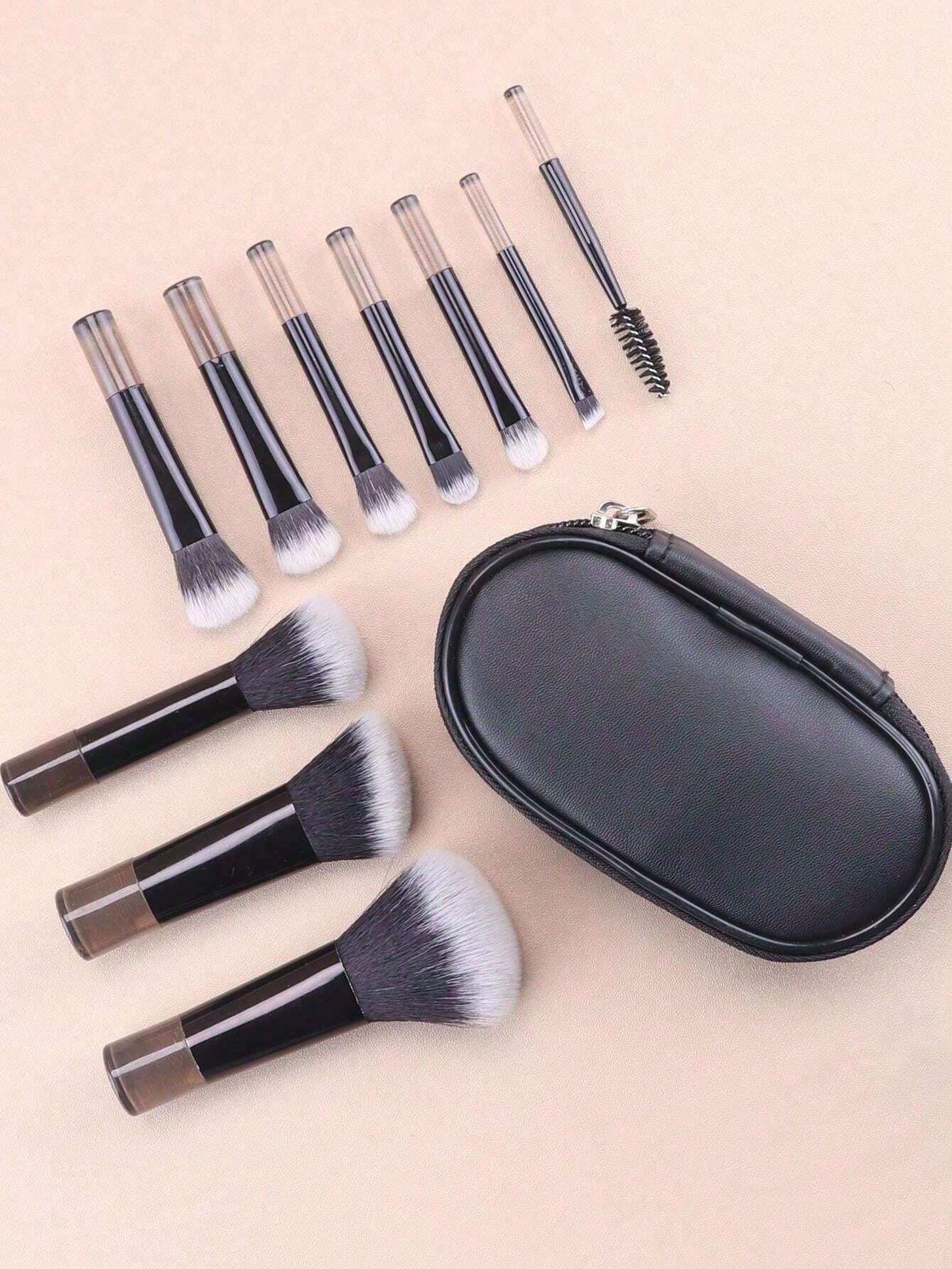 10pcs Mini Black Makeup Brushes Set, Crystal Handle Short Handle Portable Travel Makeup Brushes Inc. Powder, Contour, Blush, Highlighter, Eyeshadow, Eyebrow, Lip Brushes With Zipper Storage Pouch,Brus