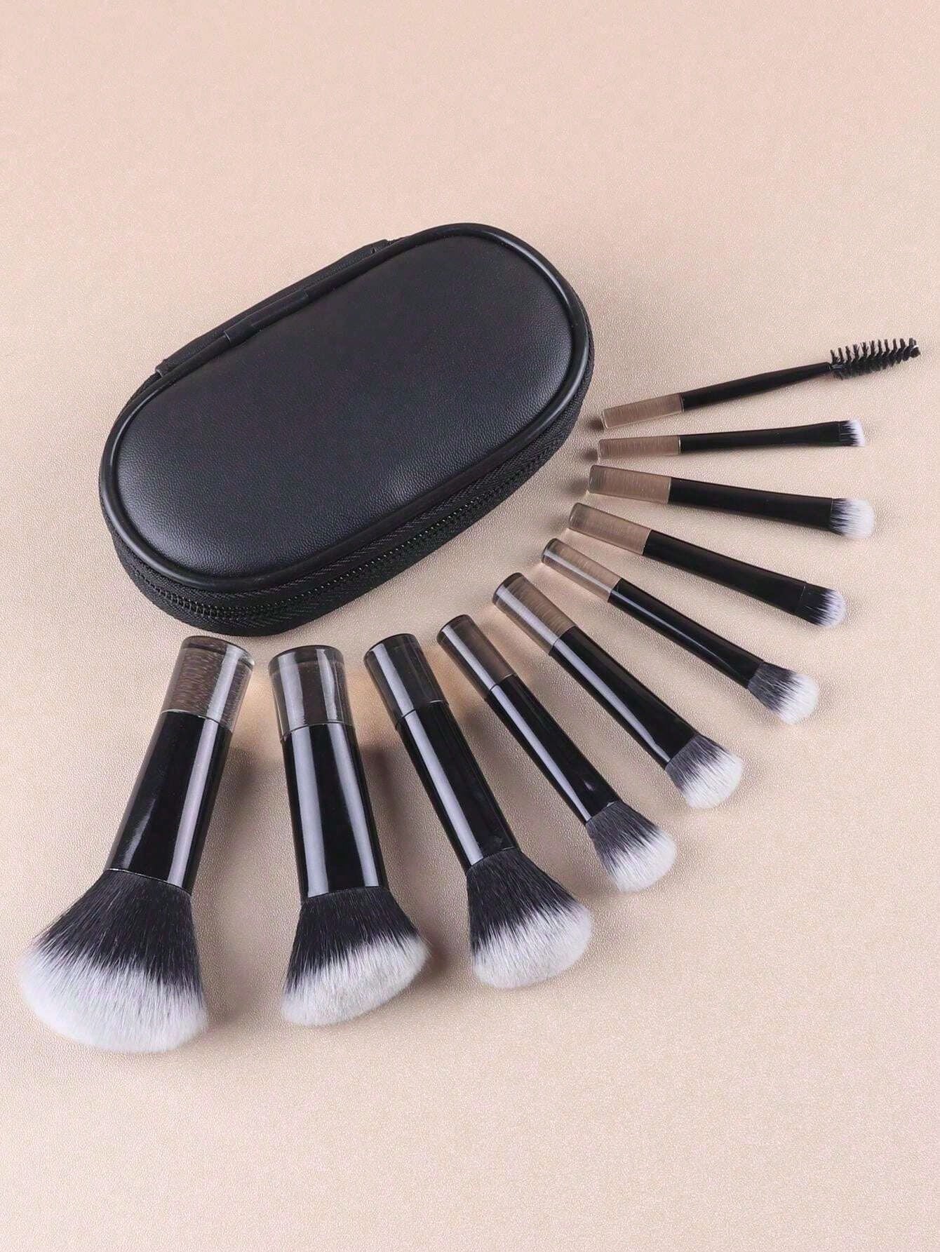 10pcs Mini Black Makeup Brushes Set, Crystal Handle Short Handle Portable Travel Makeup Brushes Inc. Powder, Contour, Blush, Highlighter, Eyeshadow, Eyebrow, Lip Brushes With Zipper Storage Pouch,Brus