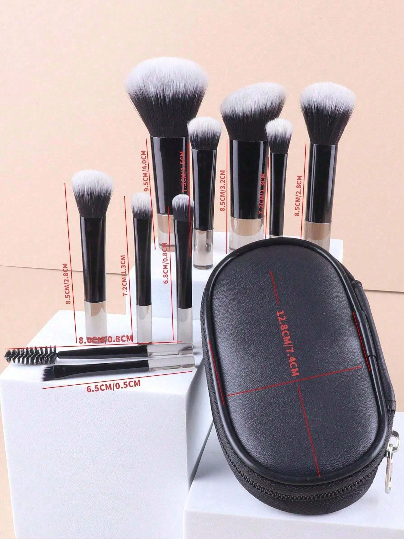10pcs Mini Black Makeup Brushes Set, Crystal Handle Short Handle Portable Travel Makeup Brushes Inc. Powder, Contour, Blush, Highlighter, Eyeshadow, Eyebrow, Lip Brushes With Zipper Storage Pouch,Brus