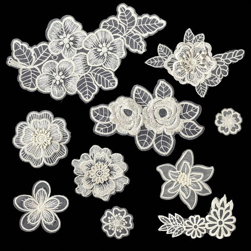 10pcs/Pack Mixed Beige & White Organza Lace Floral Applique Patches For Wedding Dress & Gown Decoration