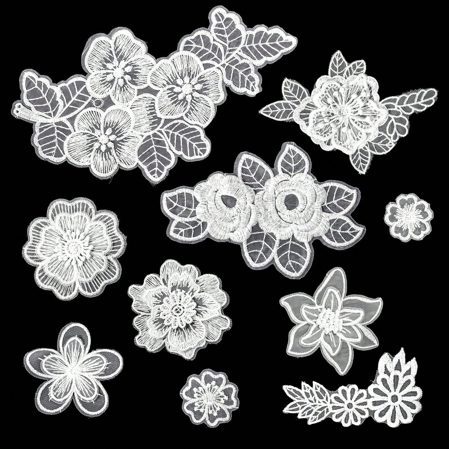 10pcs/Pack Mixed Beige & White Organza Lace Floral Applique Patches For Wedding Dress & Gown Decoration