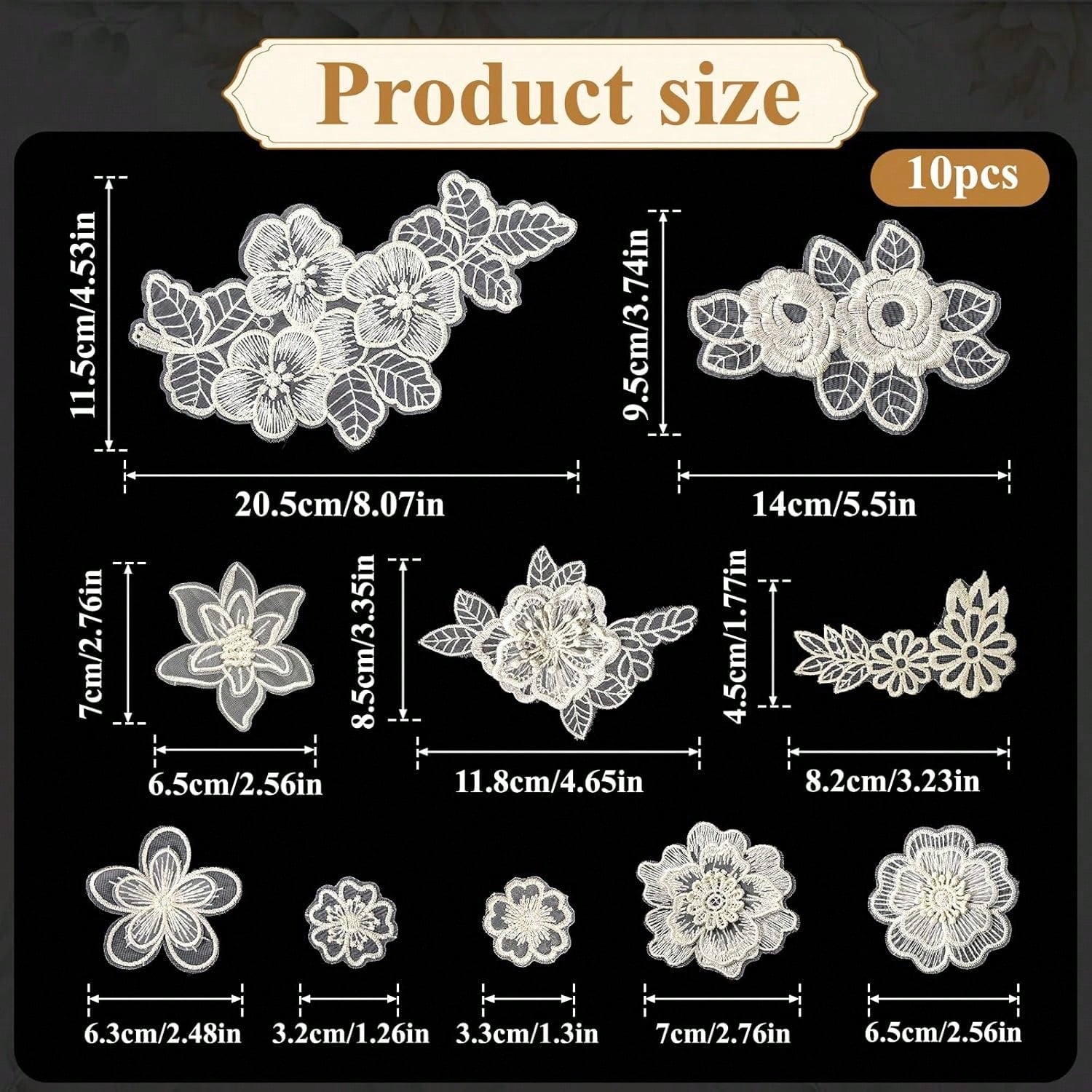 10pcs/Pack Mixed Beige & White Organza Lace Floral Applique Patches For Wedding Dress & Gown Decoration