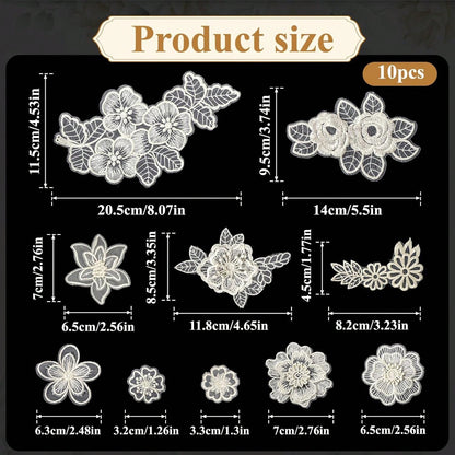 10pcs/Pack Mixed Beige & White Organza Lace Floral Applique Patches For Wedding Dress & Gown Decoration