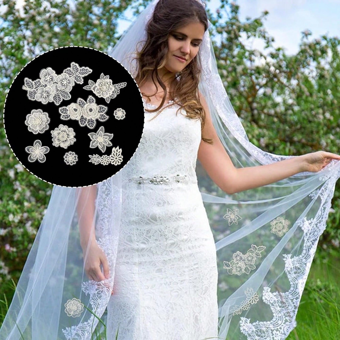 10pcs/Pack Mixed Beige & White Organza Lace Floral Applique Patches For Wedding Dress & Gown Decoration