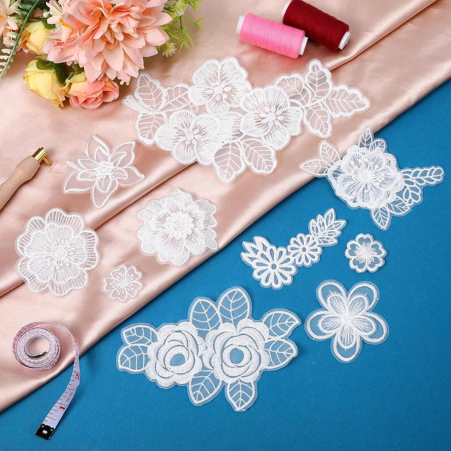 10pcs/Pack Mixed Beige & White Organza Lace Floral Applique Patches For Wedding Dress & Gown Decoration