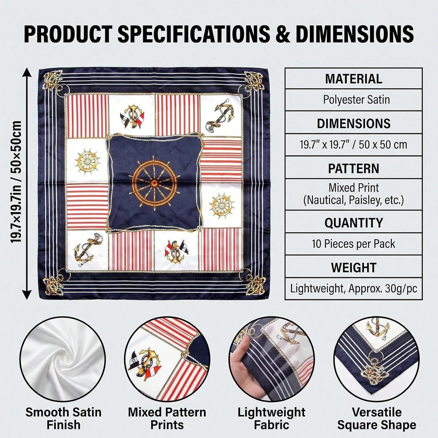 10Pcs Satin Head Scarves For Women 19.7" Square Silk Like Hair Scarf Soft Satin Hair Wrap & Bandana For Sleeping Styling Daily Headwear, Random Colors