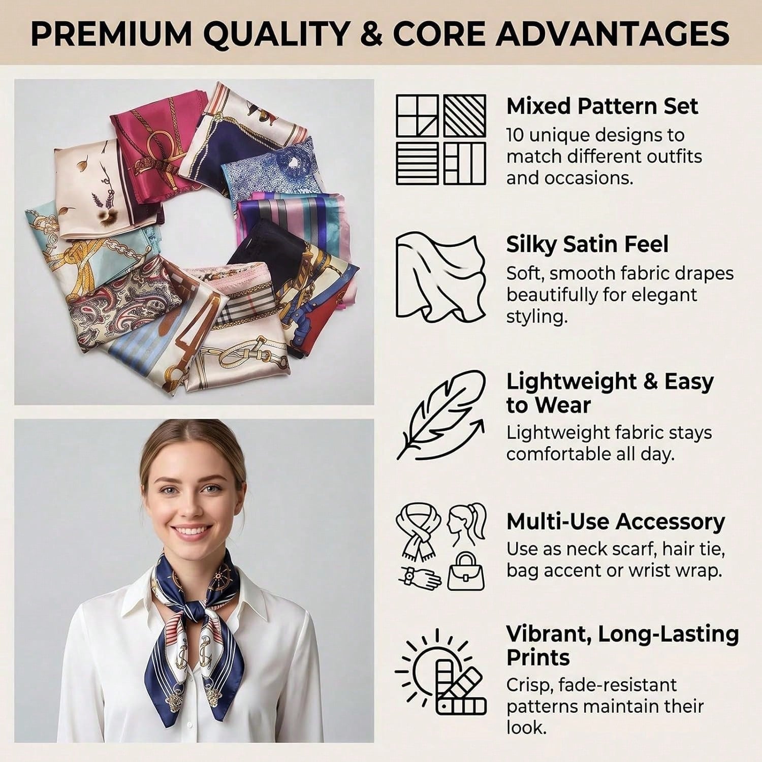 10Pcs Satin Head Scarves For Women 19.7" Square Silk Like Hair Scarf Soft Satin Hair Wrap & Bandana For Sleeping Styling Daily Headwear, Random Colors