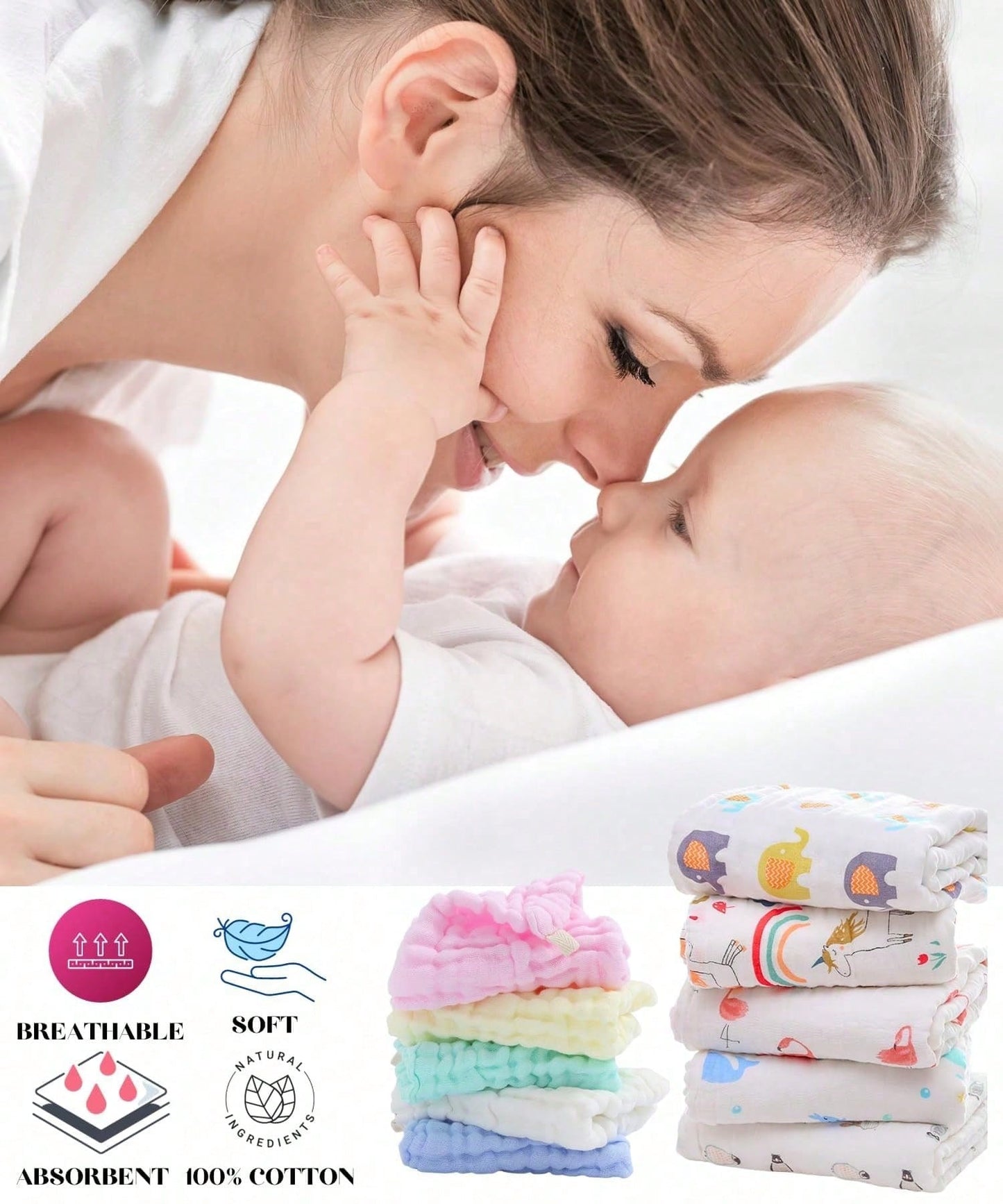 11Pcs 6-Layer Muslin Cotton Burp Cloths, Large Absorbent Breathable Baby Spit Up Cloths, Soft Burping Towels For Newborn Daily Use