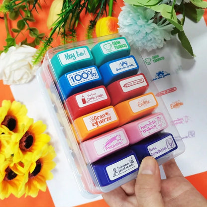 12 Colorful Spanish Seals, Teacher Incentive And Grading Seals, Primary School Signatures, Homework Prizes, Proofreading Seals, Teacher Gifts, Back-To-School Season Gifts With Storage Boxes, Self-Prod
