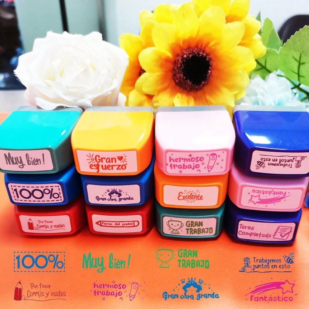 12 Colorful Spanish Seals, Teacher Incentive And Grading Seals, Primary School Signatures, Homework Prizes, Proofreading Seals, Teacher Gifts, Back-To-School Season Gifts With Storage Boxes, Self-Prod