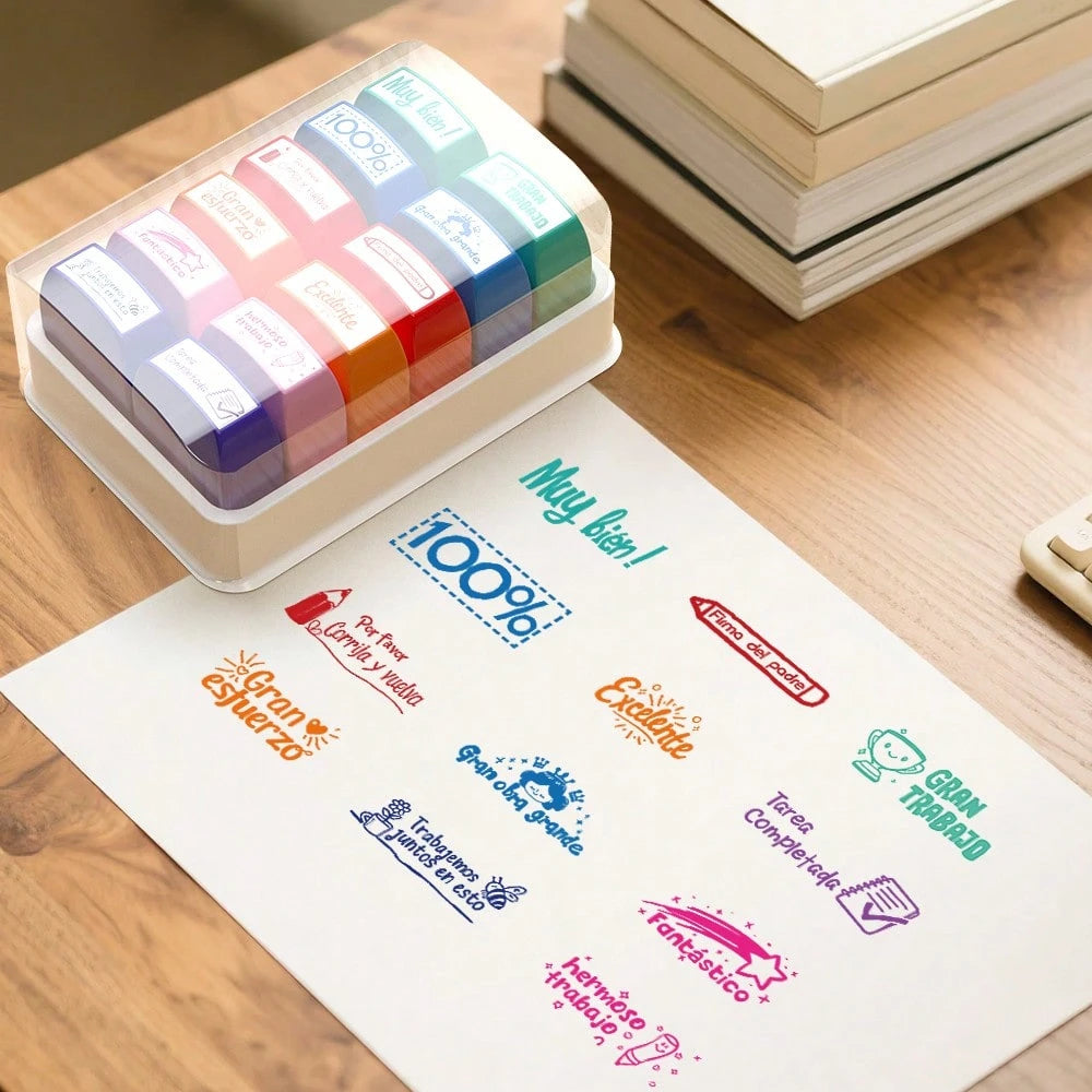 12 Colorful Spanish Seals, Teacher Incentive And Grading Seals, Primary School Signatures, Homework Prizes, Proofreading Seals, Teacher Gifts, Back-To-School Season Gifts With Storage Boxes, Self-Prod