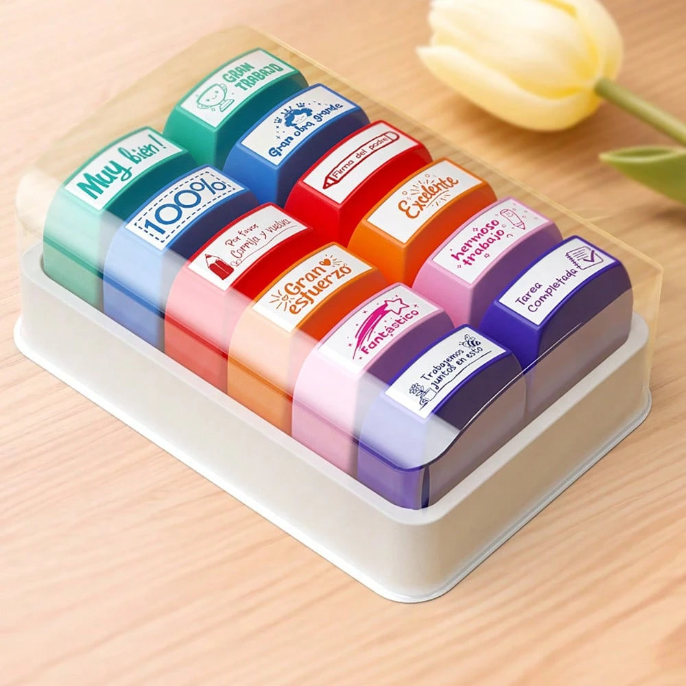 12 Colorful Spanish Seals, Teacher Incentive And Grading Seals, Primary School Signatures, Homework Prizes, Proofreading Seals, Teacher Gifts, Back-To-School Season Gifts With Storage Boxes, Self-Prod