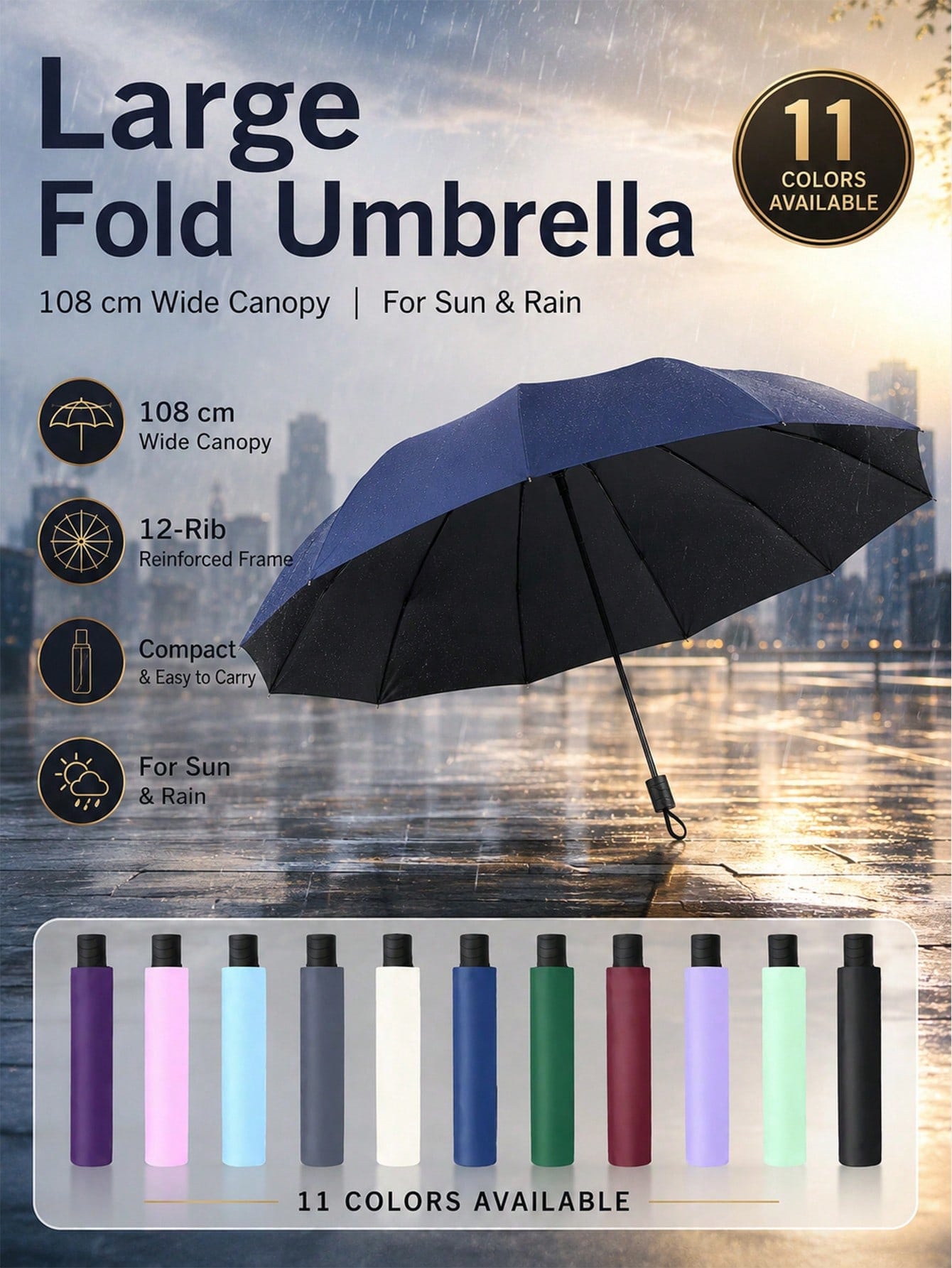 12-Rib Windproof Folding Umbrella, Travel Essential, Sun Protection And Rainproof Dual-Use, Portable Casual Vacation/Summer Supplies