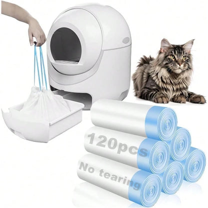 120 Pack Cat Litter Bags With Drawstring, 25x15.7 Inch Compatible With Litter Box Robot 3 And 4, Self Cleaning Cat Litter Box Liners For 10-12 Gallon Boxes