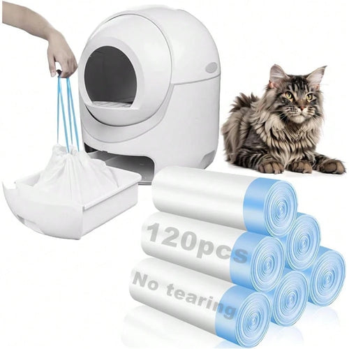 120 Pack Cat Litter Bags With Drawstring, 25x15.7 Inch Compatible With Litter Box Robot 3 And 4, Self Cleaning Cat Litter Box Liners For 10-12 Gallon Boxes