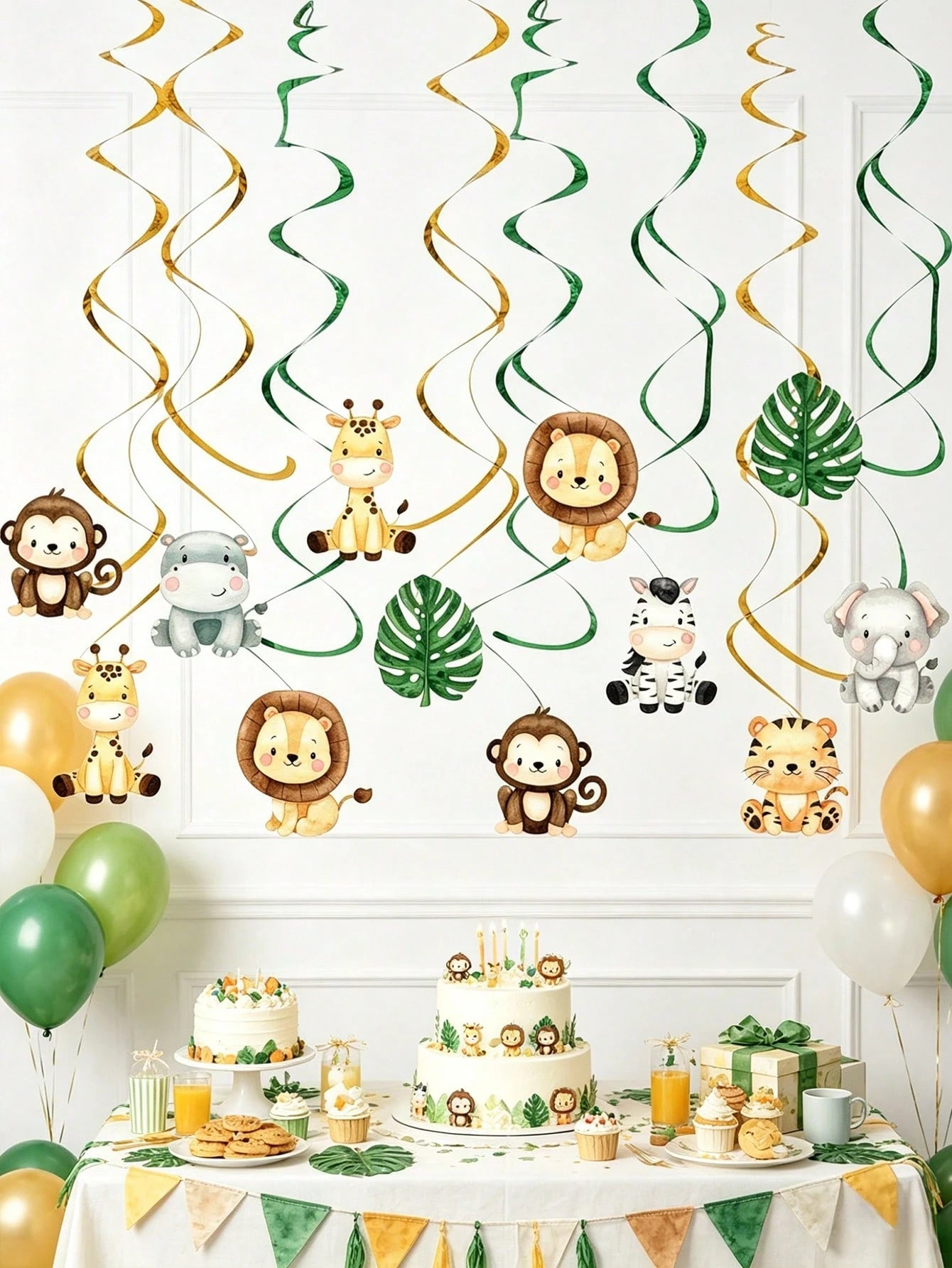 12pcs Jungle Animal Hanging Paper Spiral Decorations, Jungle Animal Theme Baby Shower Party Hanging Decor, Jungle Adventure Party Backdrop, Photo Props, Wild One Birthday Party Decor, Baby Shower Deco